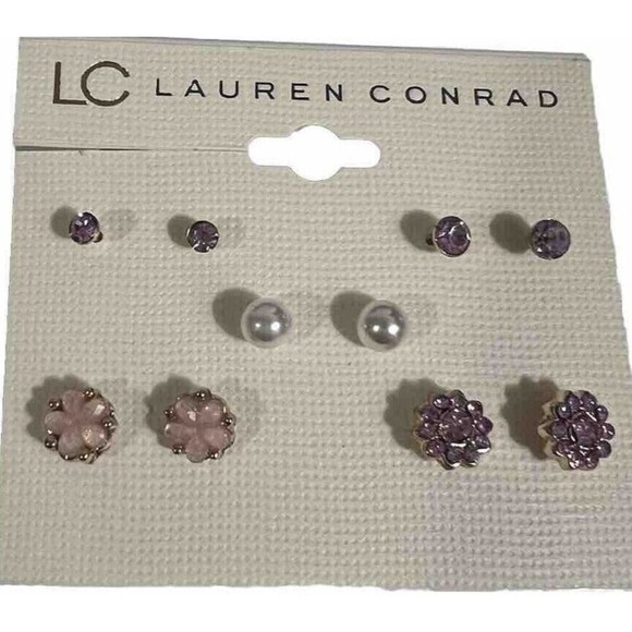 LC Lauren Conrad Gold Tone Stud Earrings 5 Pairs Faux Pearl Purple Peach NEW - Picture 1 of 1